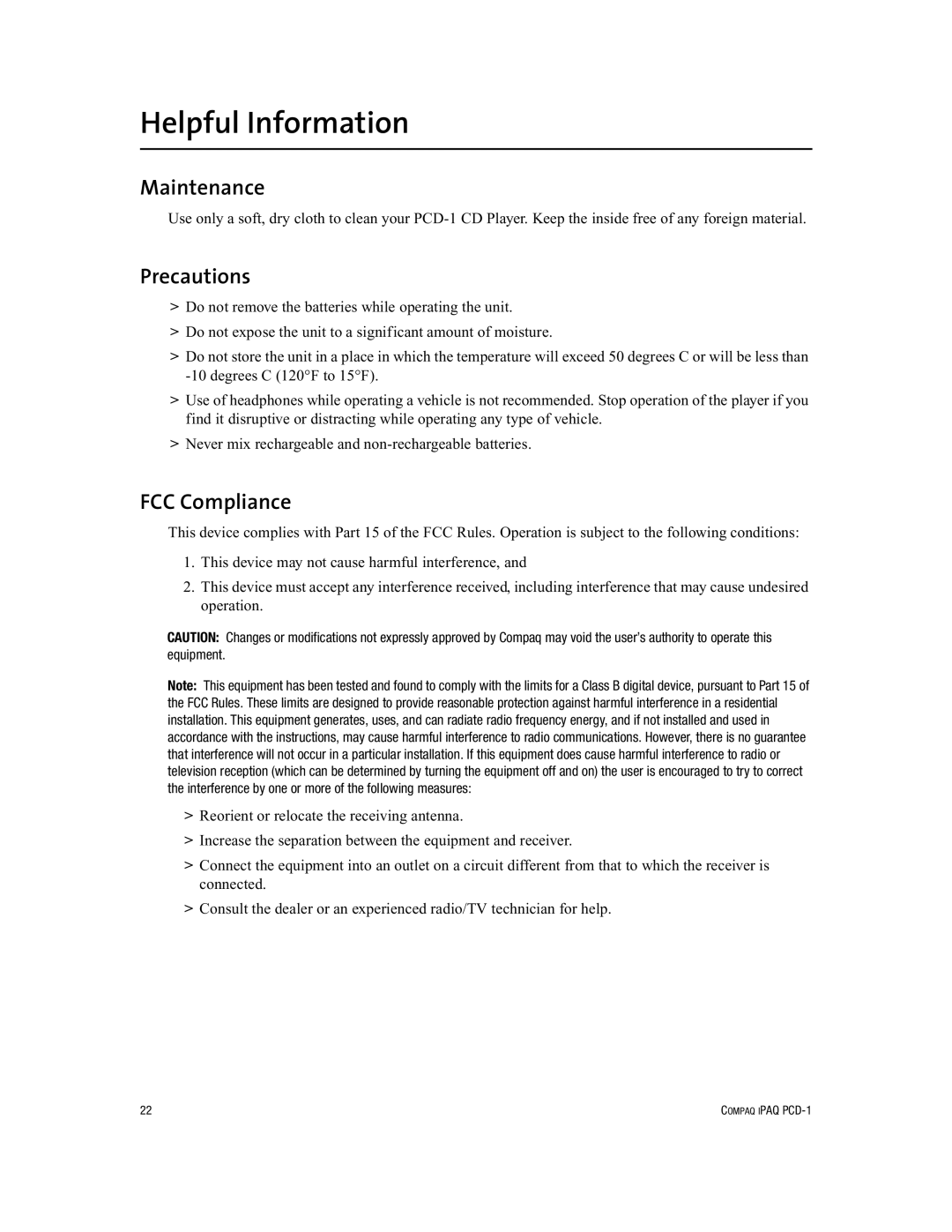 Compaq PCD-1 manual Helpful Information, Maintenance, Precautions, FCC Compliance 