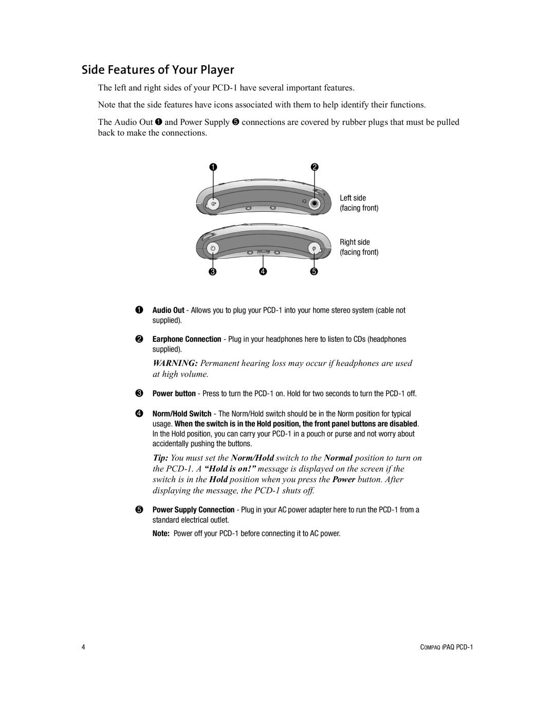 Compaq PCD-1 manual Side Features of Your Player 