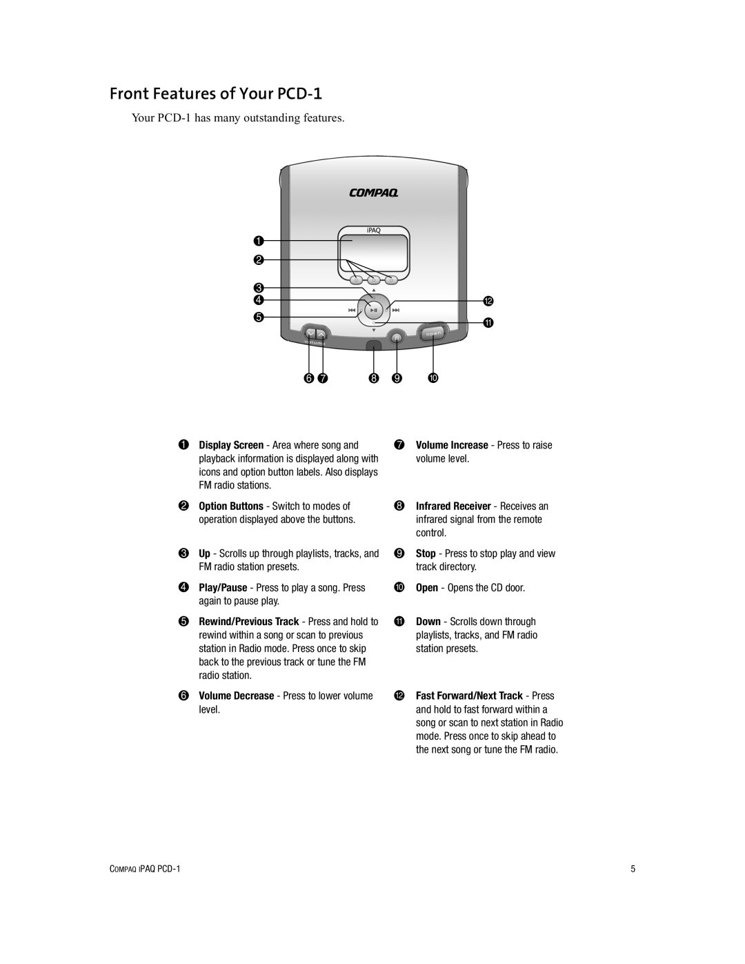 Compaq manual Front Features of Your PCD-1, Your PCD-1 has many outstanding features 