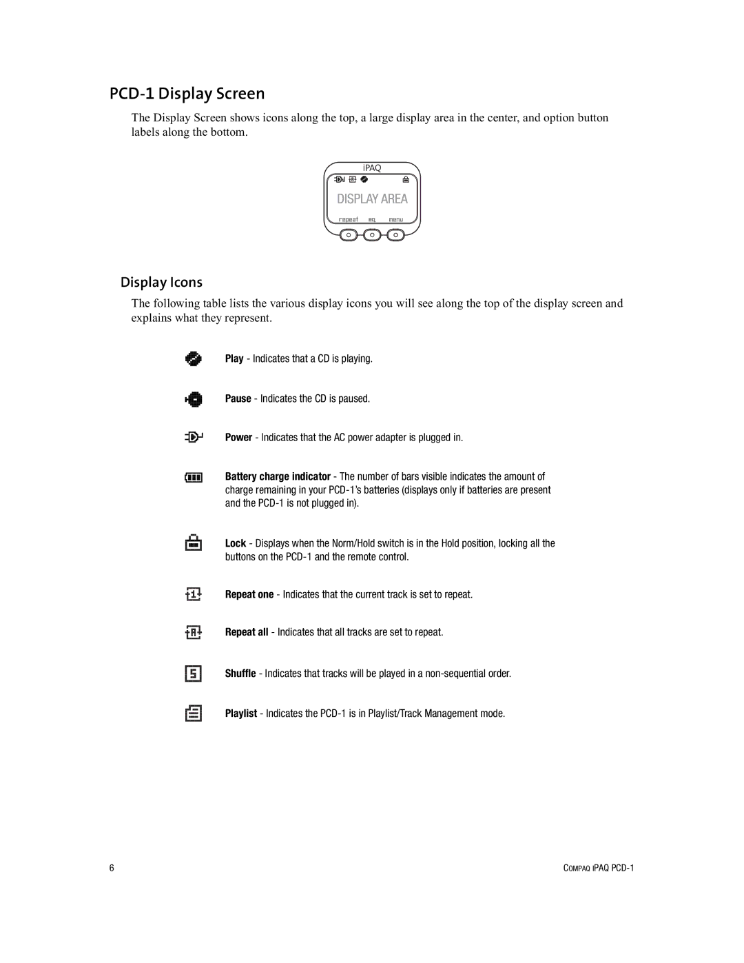 Compaq manual PCD-1 Display Screen, Display Icons 