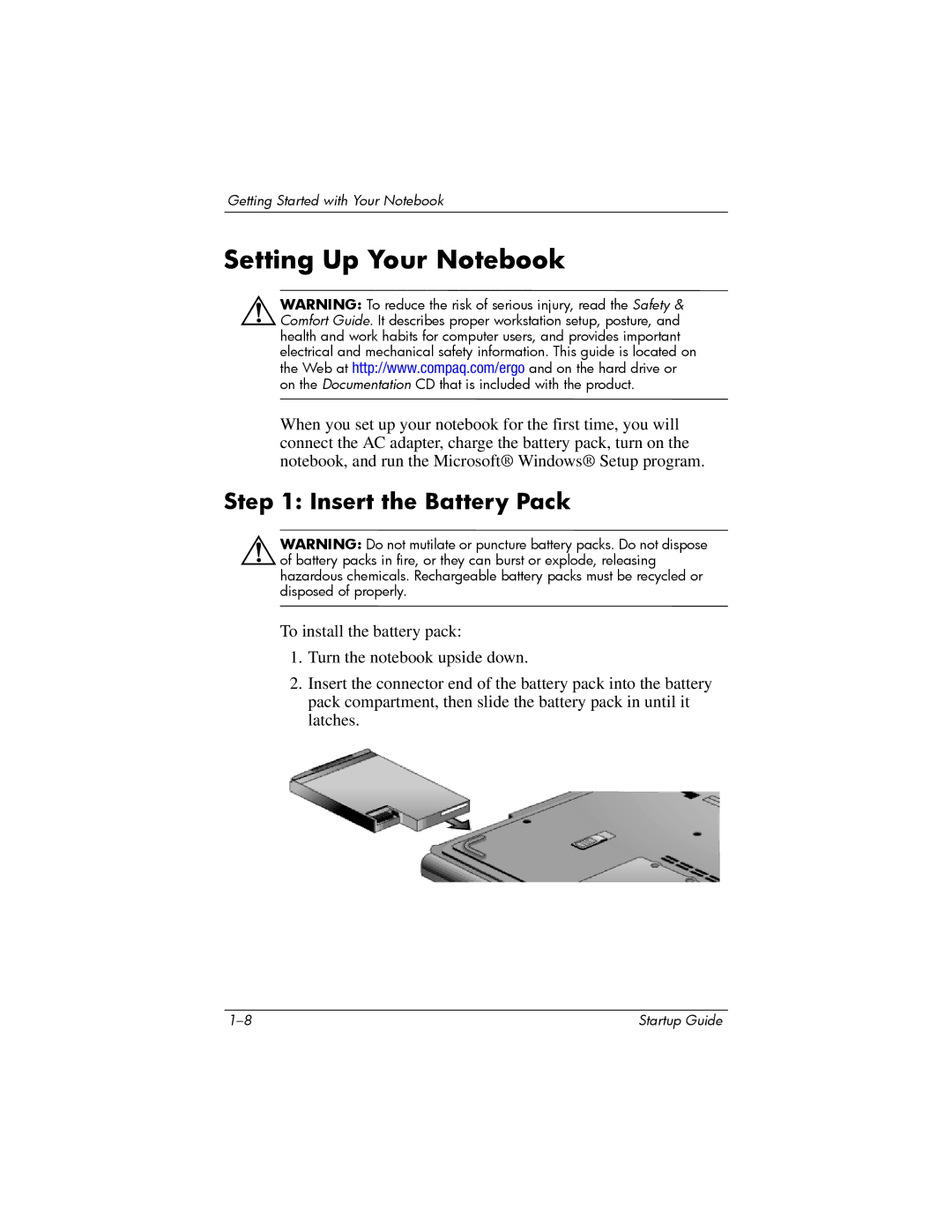 Compaq Personal Computer manual Setting Up Your Notebook, Insert the Battery Pack 