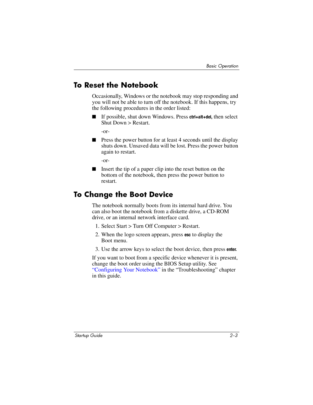 Compaq Personal Computer manual To Reset the Notebook, To Change the Boot Device 