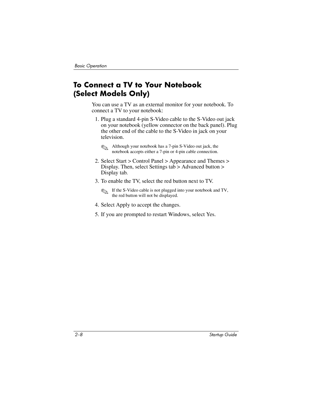 Compaq Personal Computer manual To Connect a TV to Your Notebook Select Models Only 