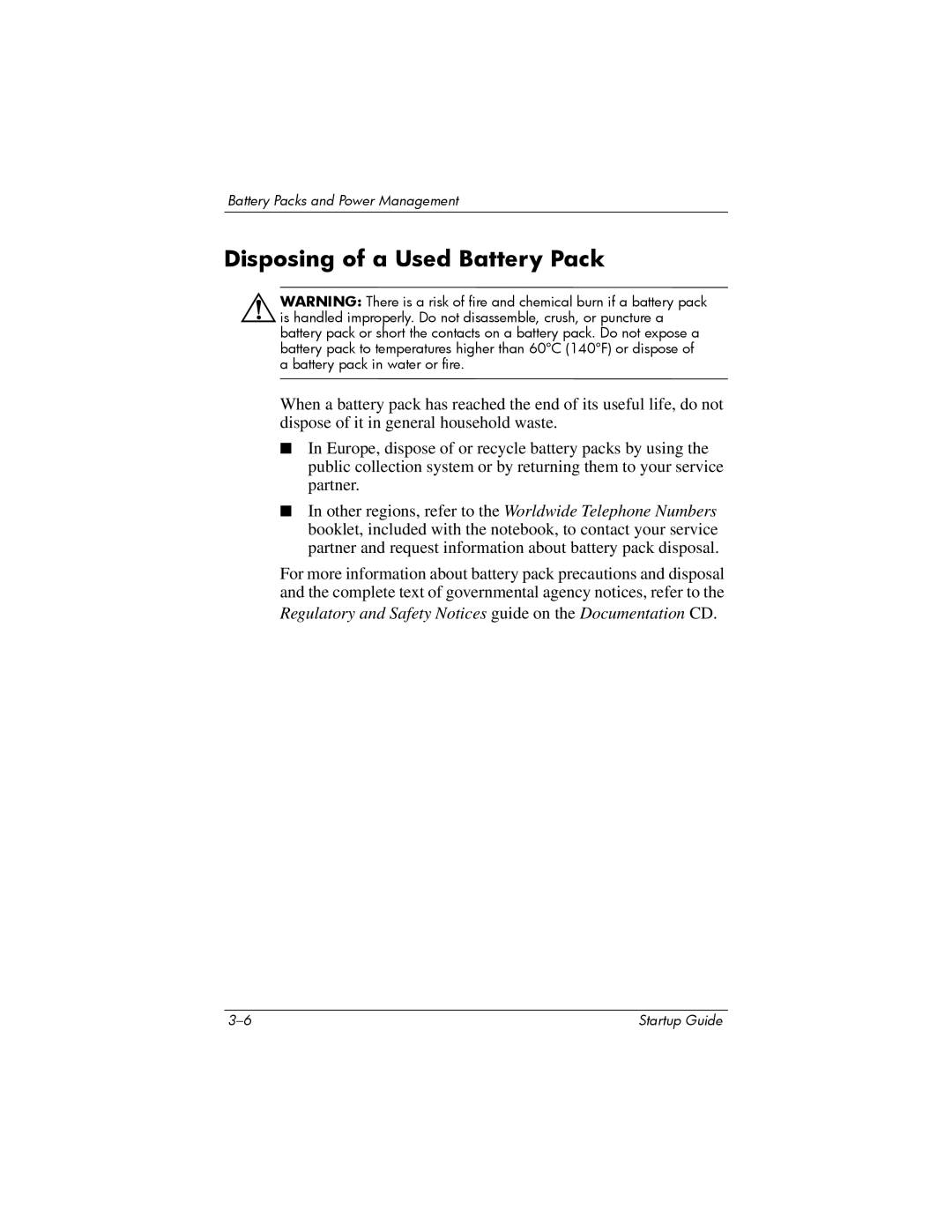 Compaq Personal Computer manual Disposing of a Used Battery Pack 