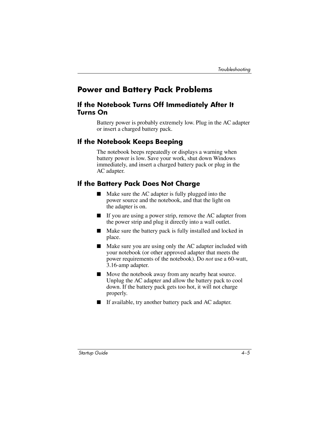 Compaq Personal Computer manual Power and Battery Pack Problems, If the Notebook Turns Off Immediately After It Turns On 