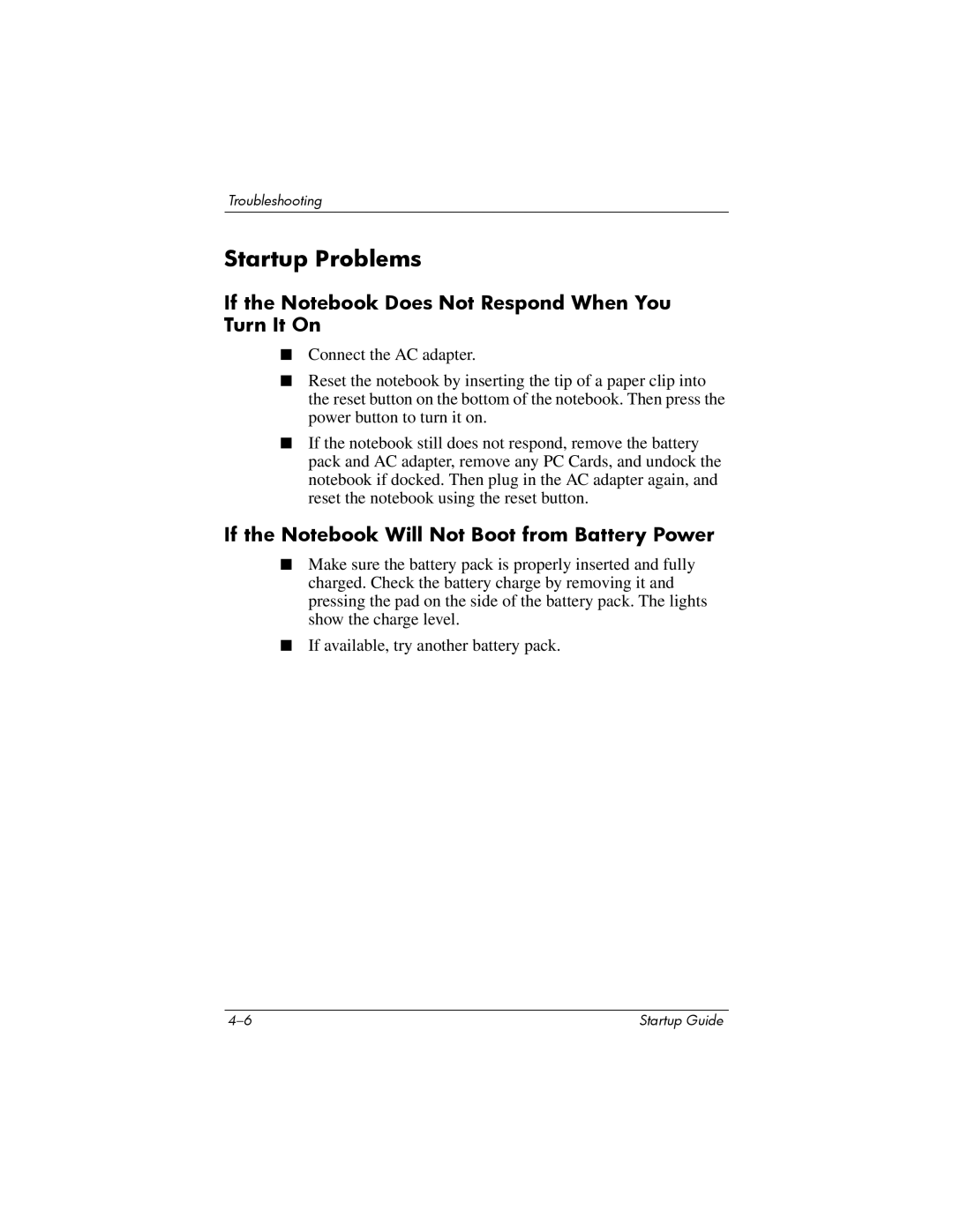 Compaq Personal Computer manual Startup Problems, If the Notebook Does Not Respond When You Turn It On 