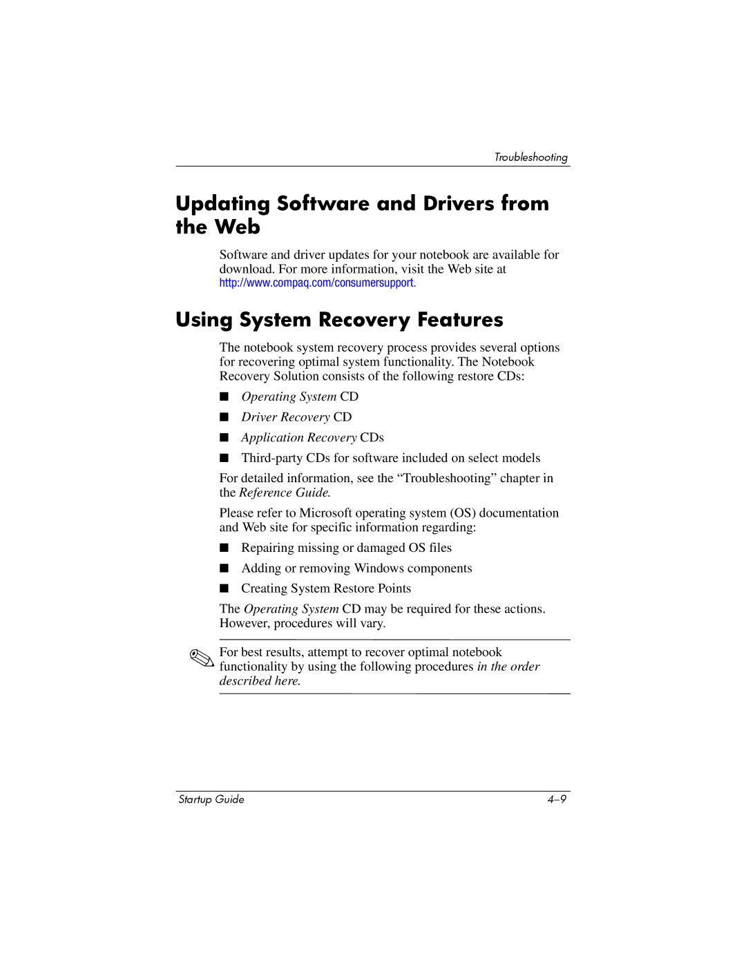 Compaq Personal Computer manual Updating Software and Drivers from the Web, Using System Recovery Features 