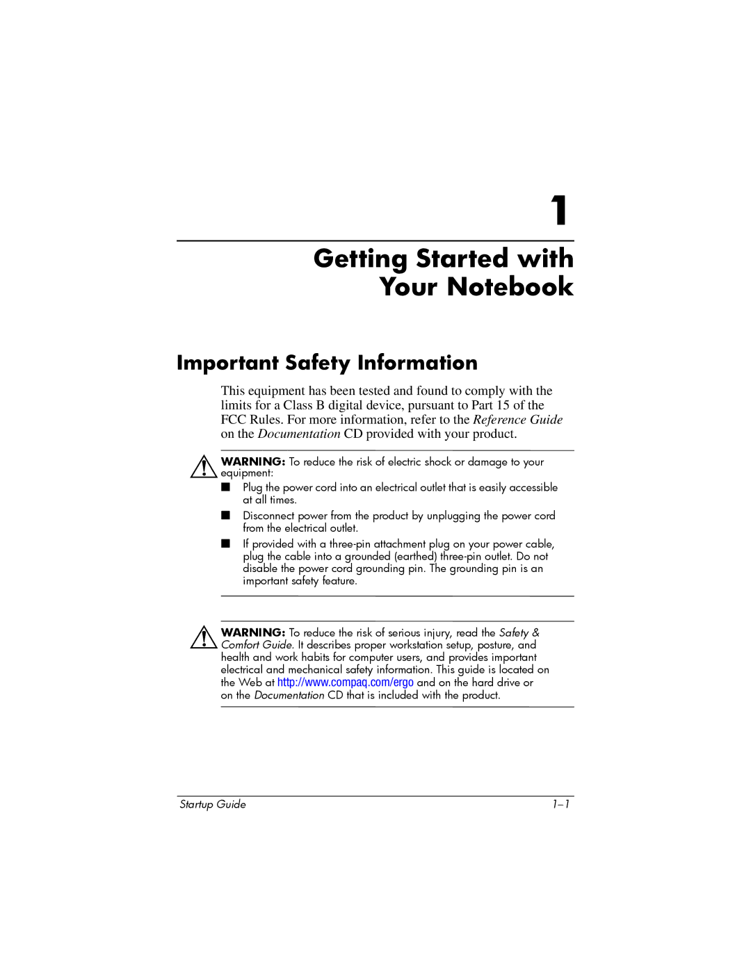 Compaq Personal Computer manual Getting Started with Your Notebook, Important Safety Information 