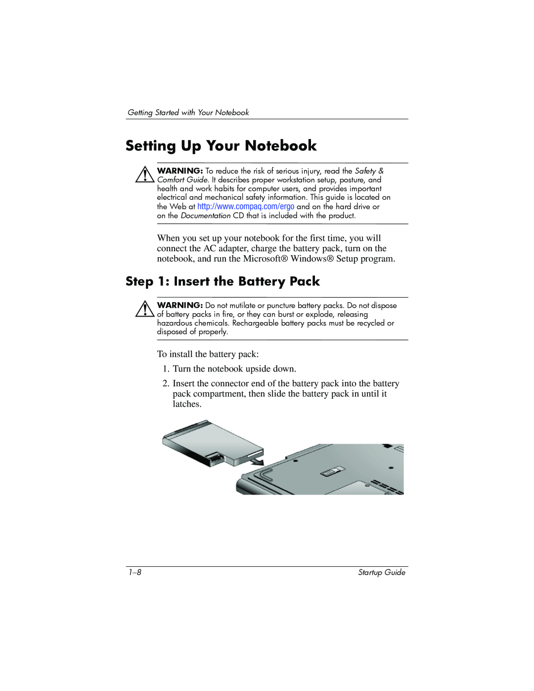 Compaq Personal Computer manual Setting Up Your Notebook, Insert the Battery Pack 