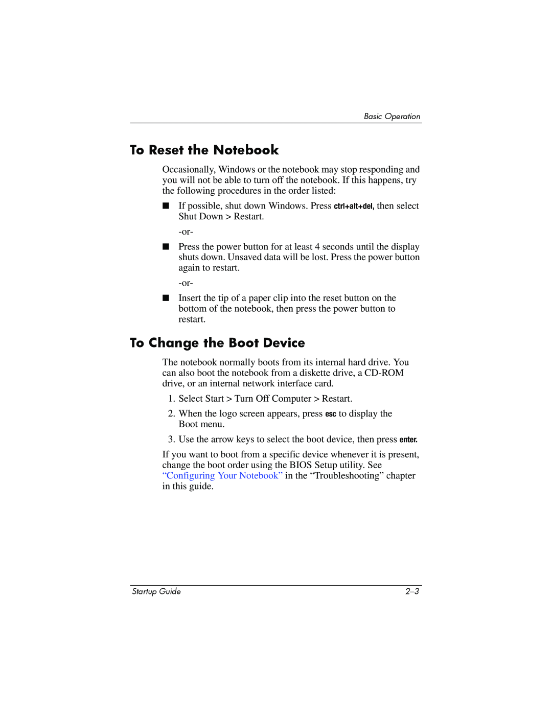 Compaq Personal Computer manual To Reset the Notebook, To Change the Boot Device 