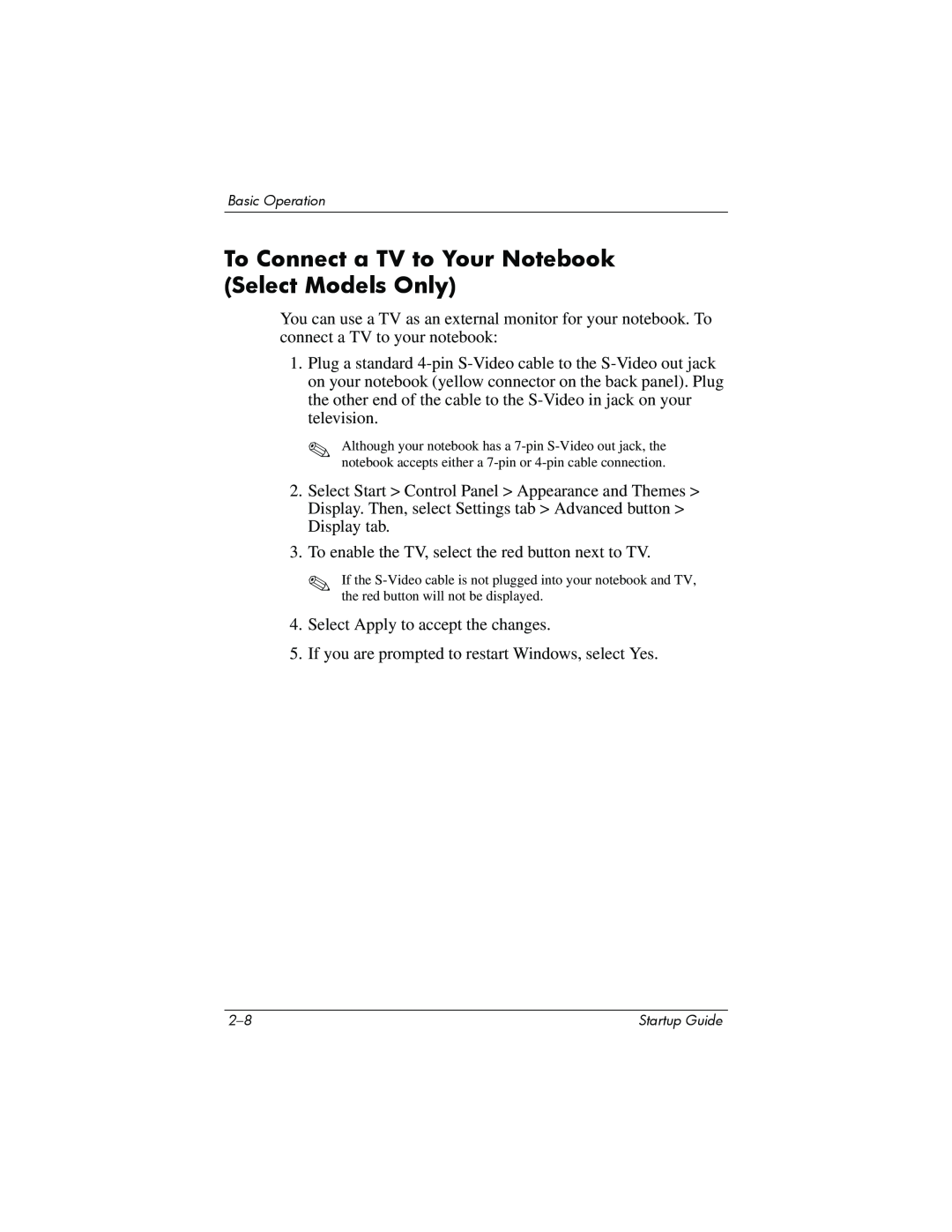 Compaq Personal Computer manual To Connect a TV to Your Notebook Select Models Only 