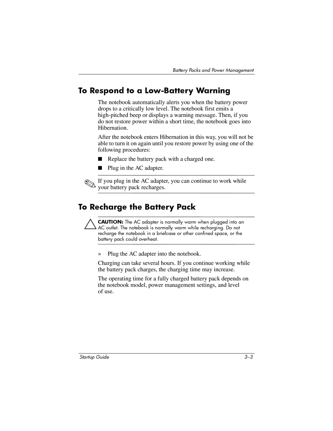Compaq Personal Computer manual To Respond to a Low-Battery Warning, To Recharge the Battery Pack 