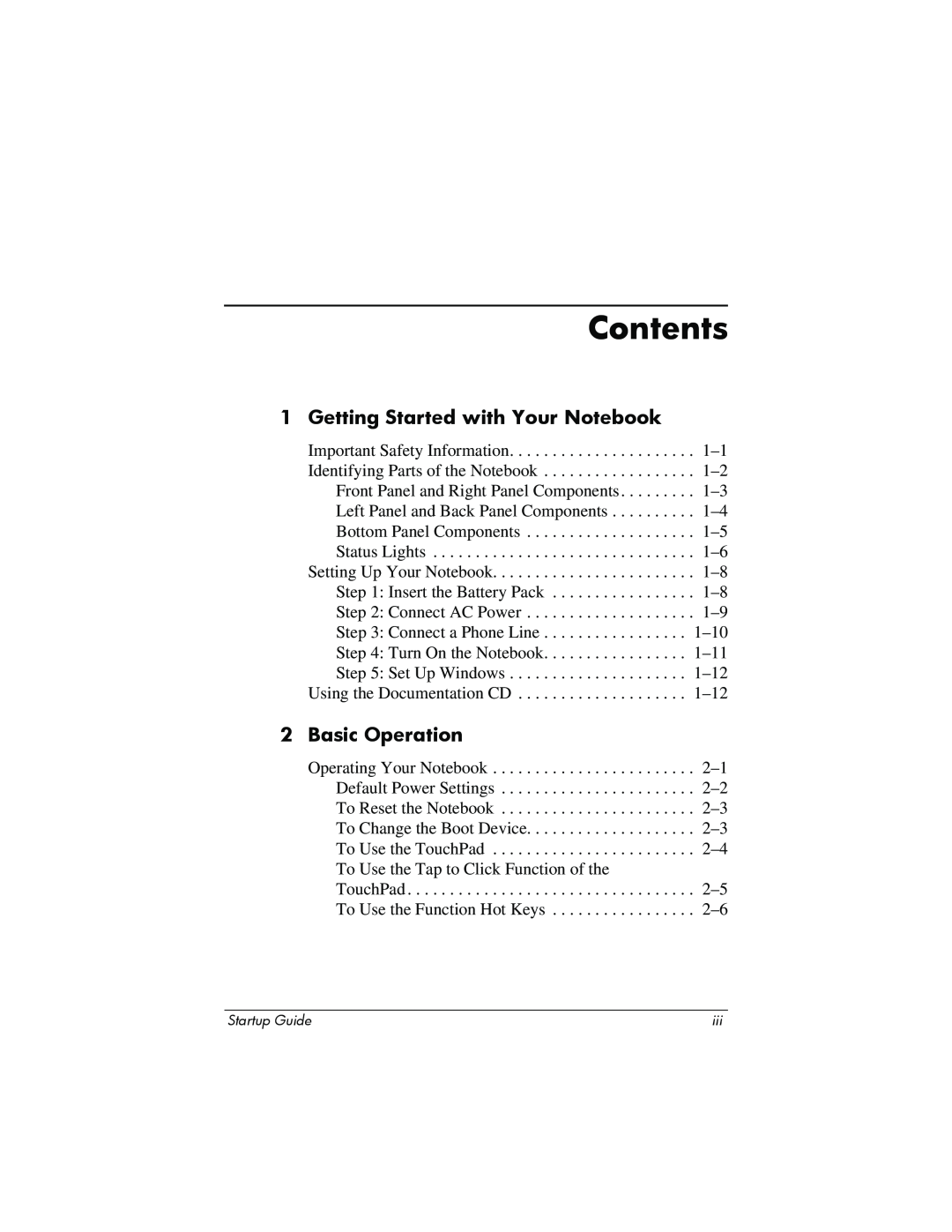 Compaq Personal Computer manual Contents, Getting Started with Your Notebook, Basic Operation 