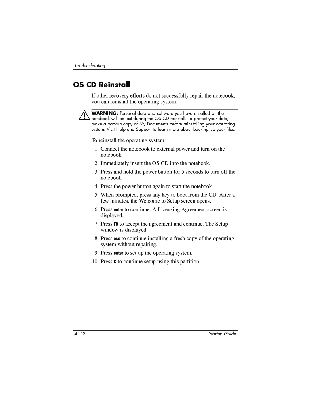 Compaq Personal Computer manual OS CD Reinstall 