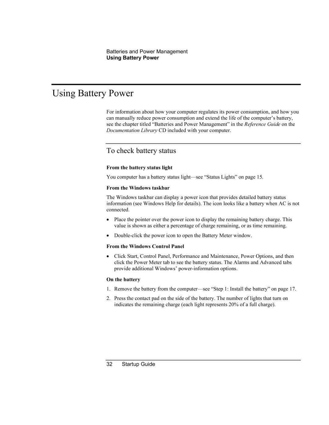 Compaq PKX301T manual Using Battery Power, To check battery status 