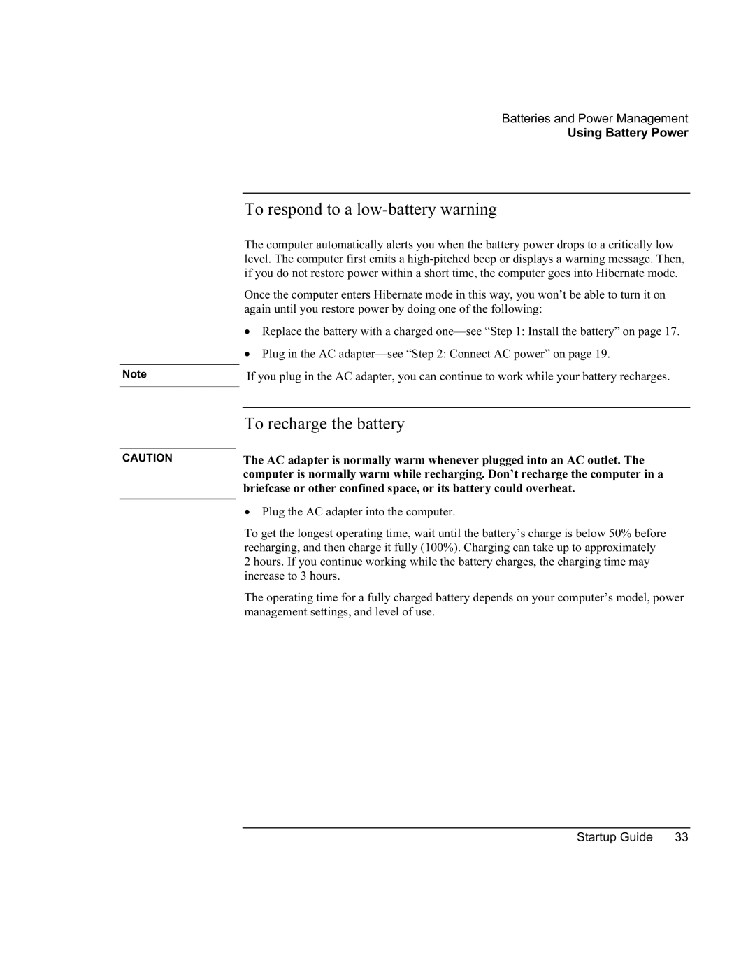 Compaq PKX301T manual To respond to a low-battery warning, To recharge the battery 