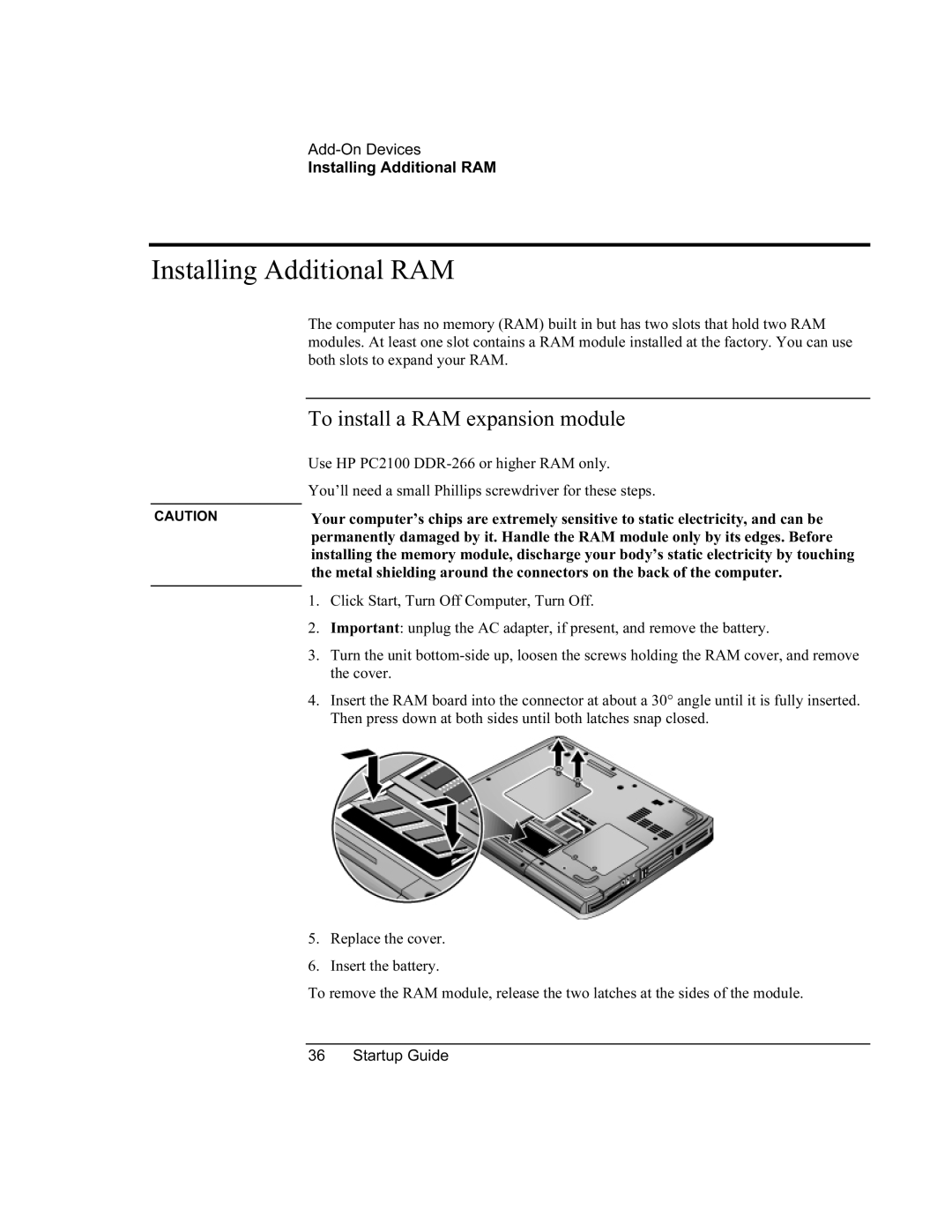 Compaq PKX301T manual Installing Additional RAM, To install a RAM expansion module 