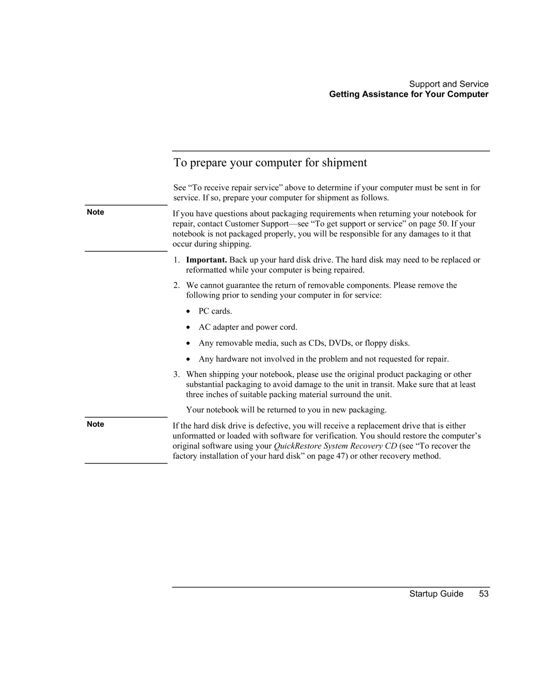 Compaq PKX301T manual To prepare your computer for shipment 