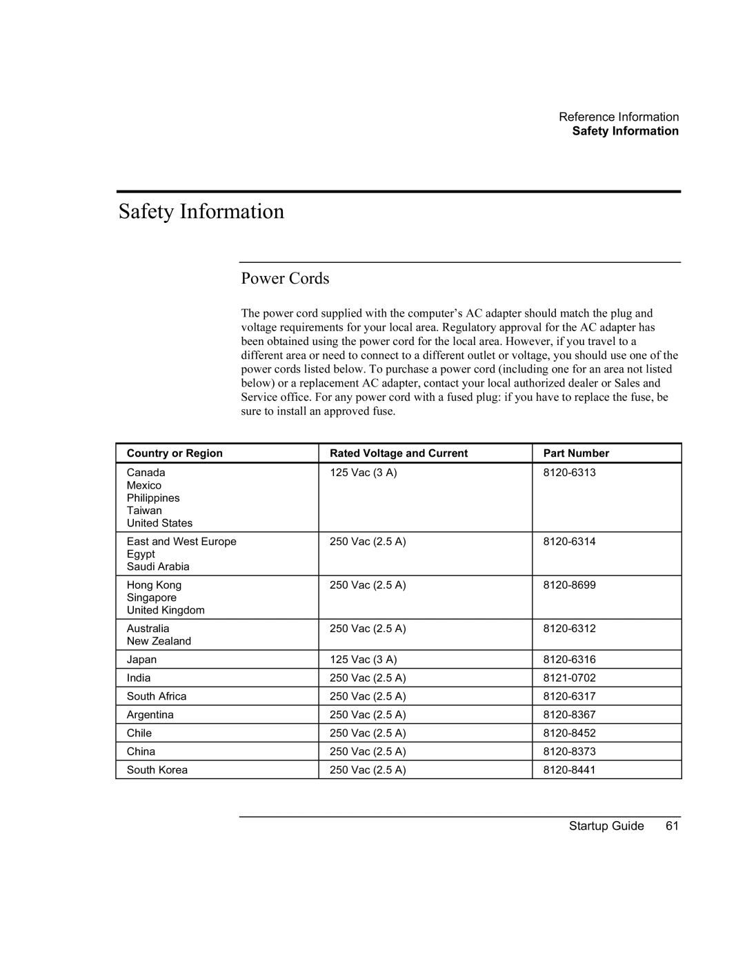 Compaq PKX301T manual Safety Information, Power Cords 