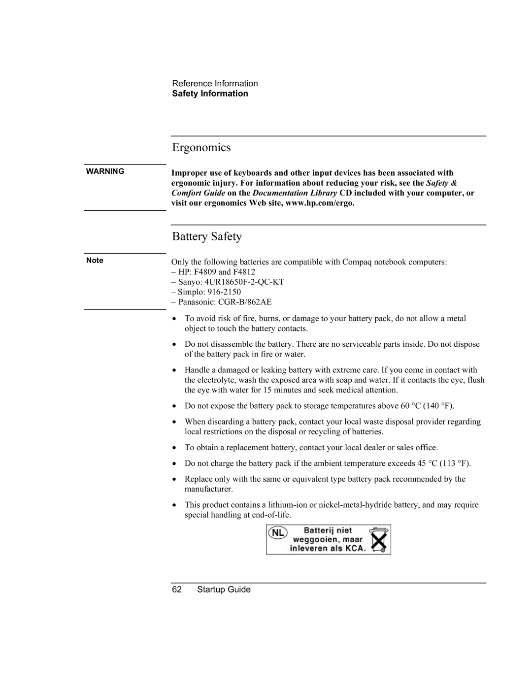 Compaq PKX301T manual Ergonomics Battery Safety 