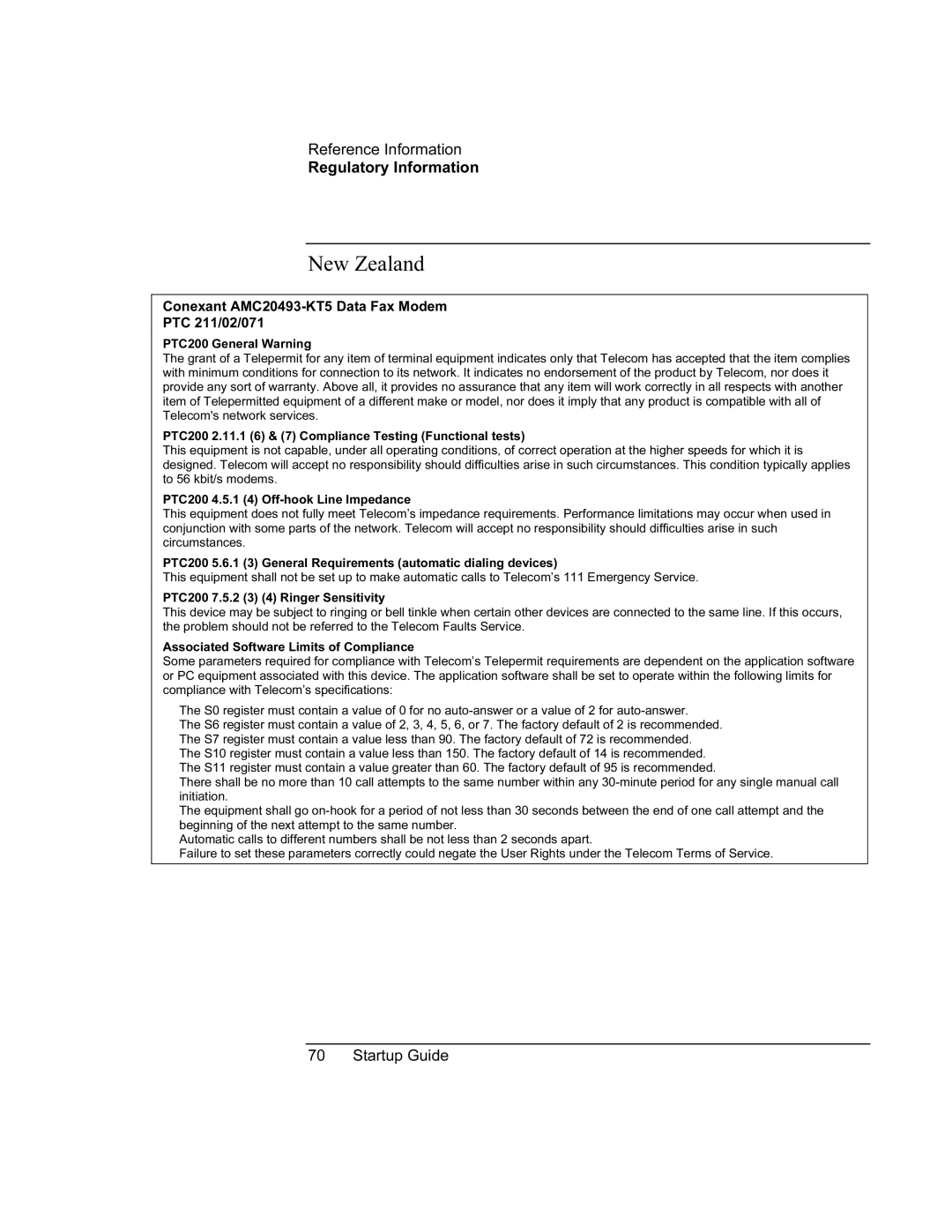 Compaq PKX301T manual New Zealand, Conexant AMC20493-KT5 Data Fax Modem PTC 211/02/071 