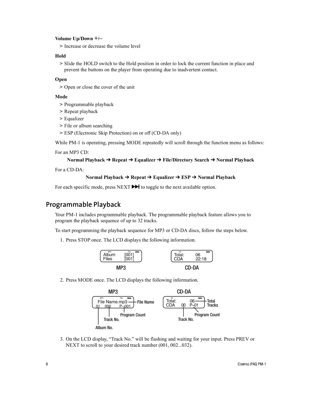 Compaq PM-1 manual Programmable Playback, Hold 