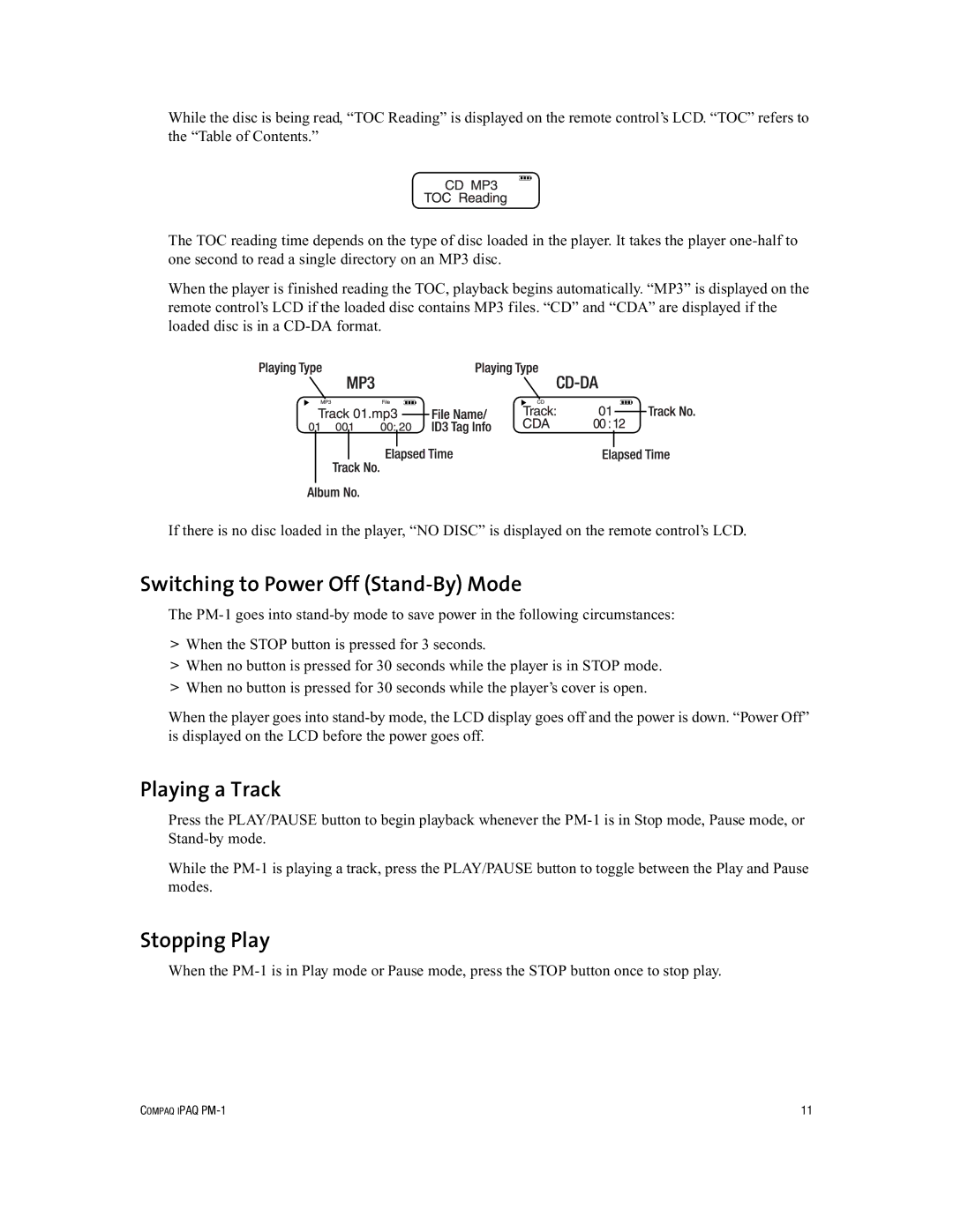 Compaq PM-1 manual Switching to Power Off Stand-By Mode, Playing a Track, Stopping Play 