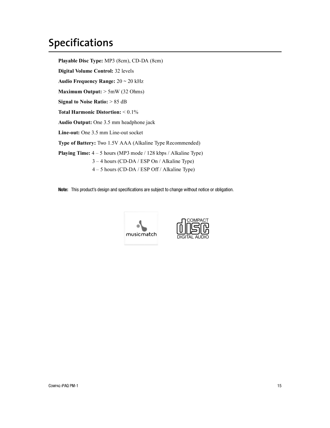 Compaq PM-1 manual Specifications 