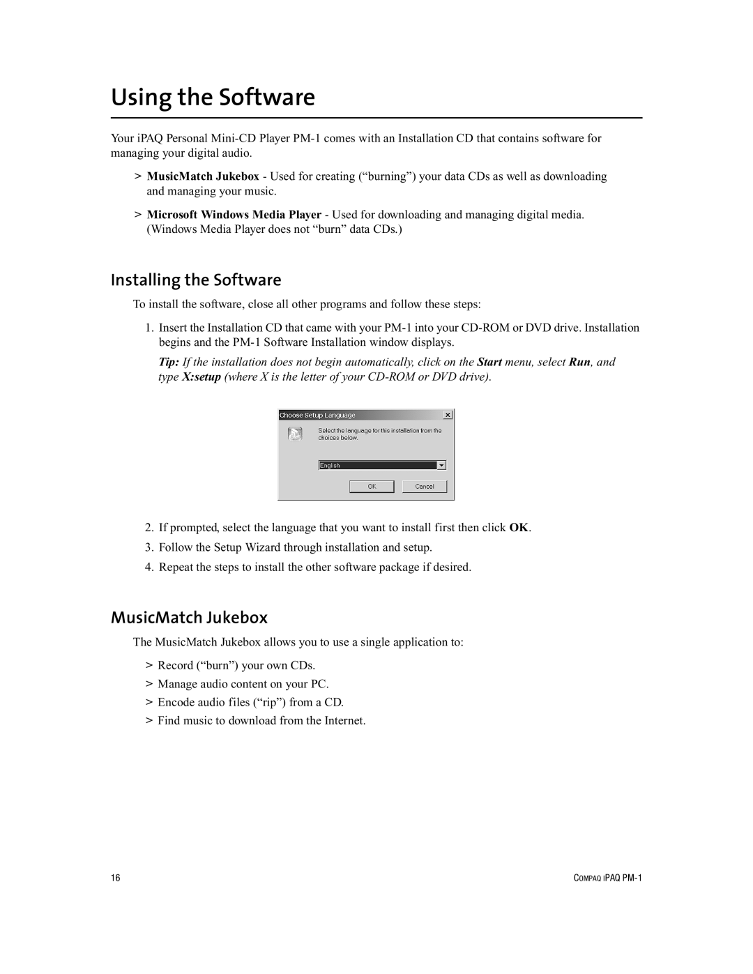 Compaq PM-1 manual Using the Software, Installing the Software, MusicMatch Jukebox 