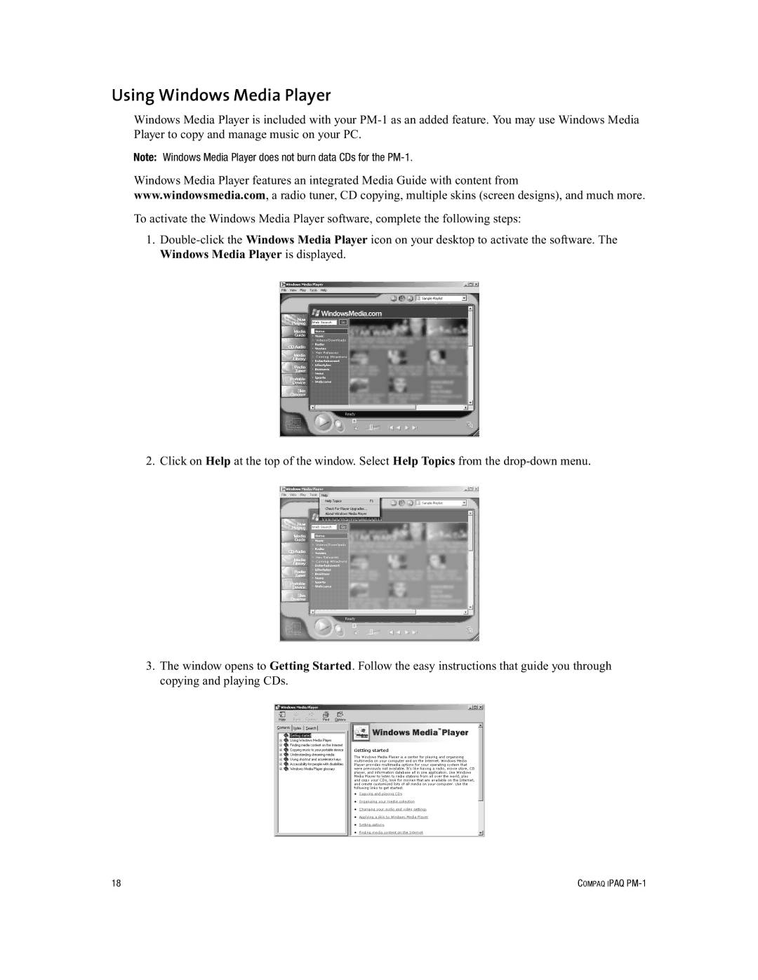 Compaq PM-1 manual Using Windows Media Player 