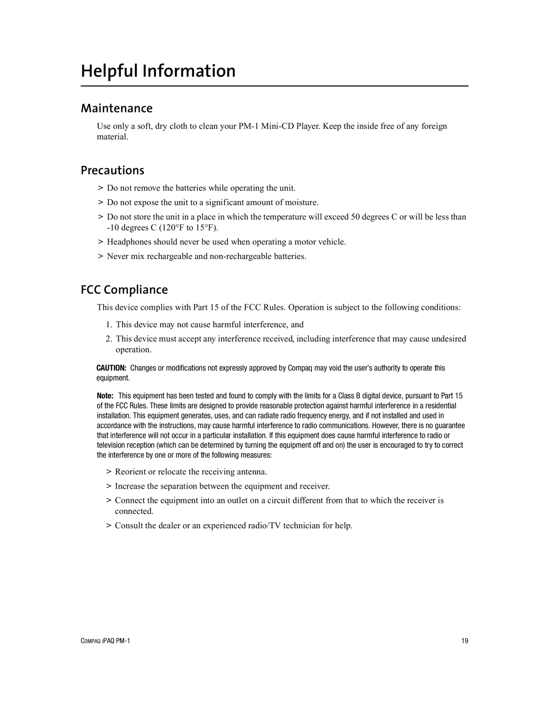 Compaq PM-1 manual Helpful Information, Maintenance, Precautions, FCC Compliance 