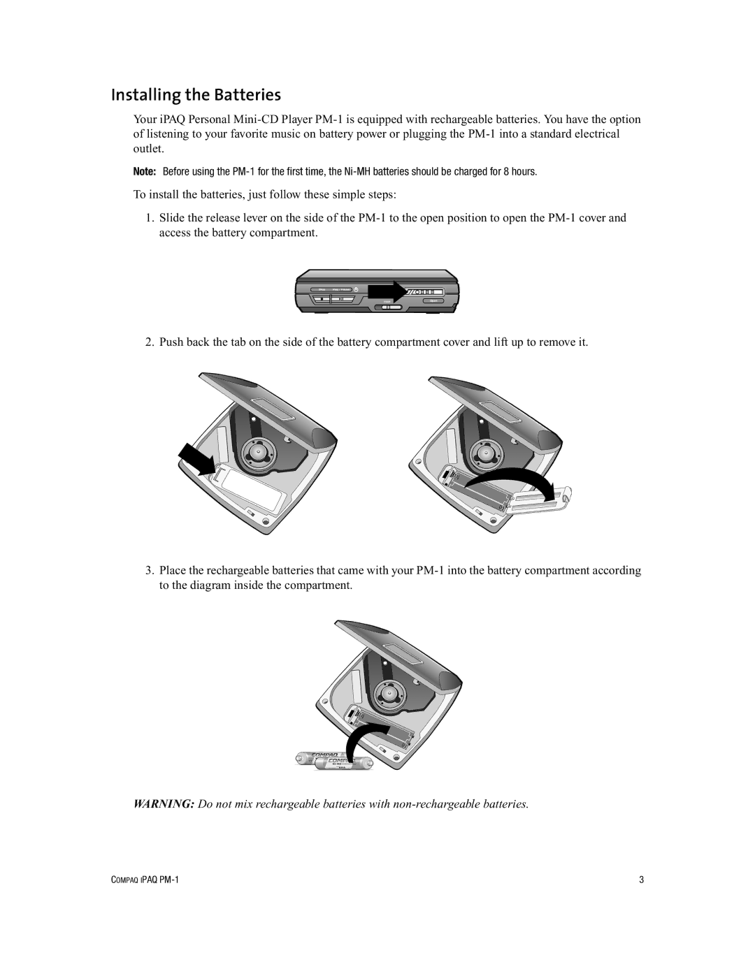 Compaq PM-1 manual Installing the Batteries 