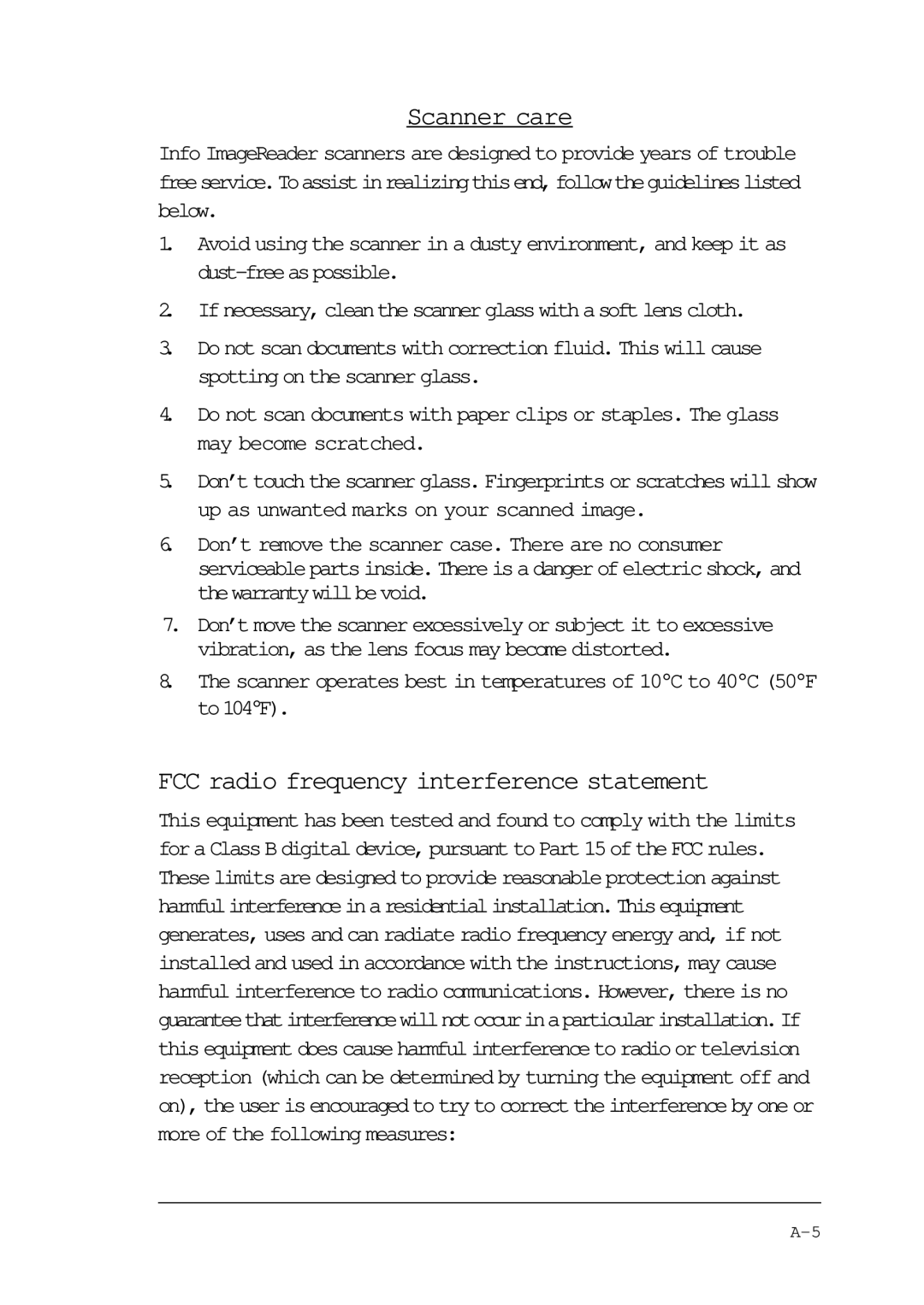 Compaq P/N DOC-FB4B manual Scanner care, FCC radio frequency interference statement 