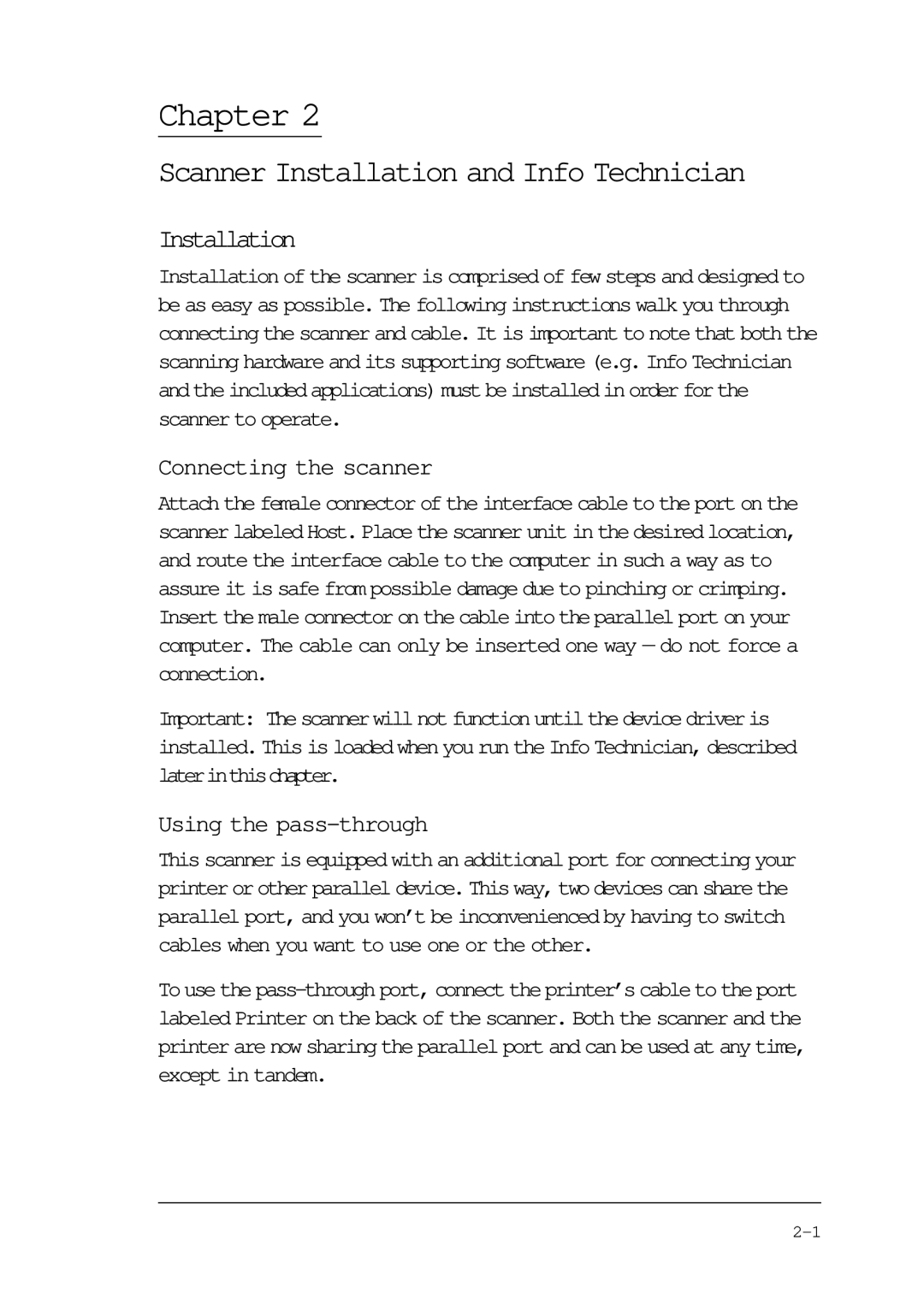 Compaq P/N DOC-FB4B manual Scanner Installation and Info Technician, Connecting the scanner, Using the pass-through 