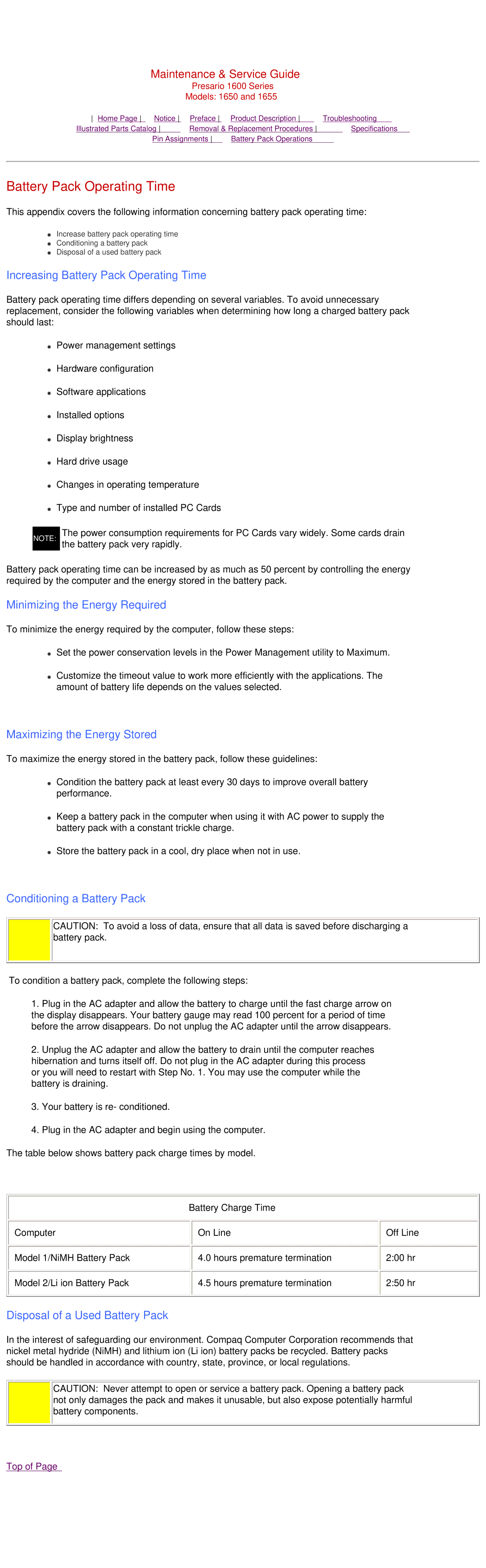 Compaq 1650, Presario 1600 Series, 1655 manual Battery Pack Operating Time 