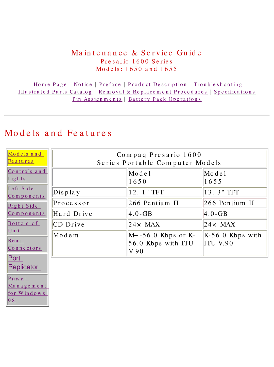 Compaq 1655, Presario 1600 Series, 1650 manual Models and Features, Processor, Hard Drive CD Drive, Modem 