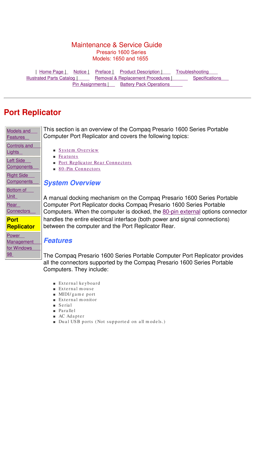 Compaq 1655, Presario 1600 Series, 1650 manual Port Replicator 