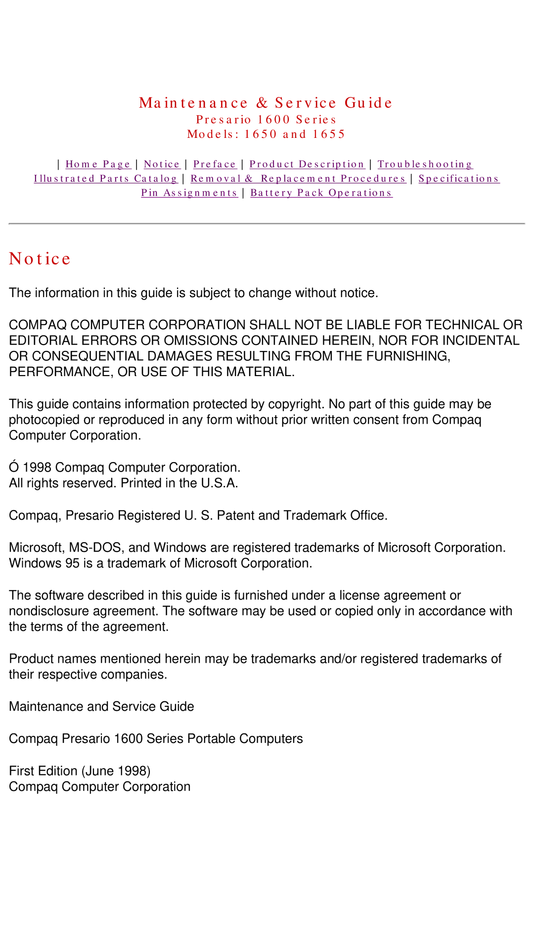 Compaq 1655, Presario 1600 Series, 1650 manual Maintenance & Service Guide 