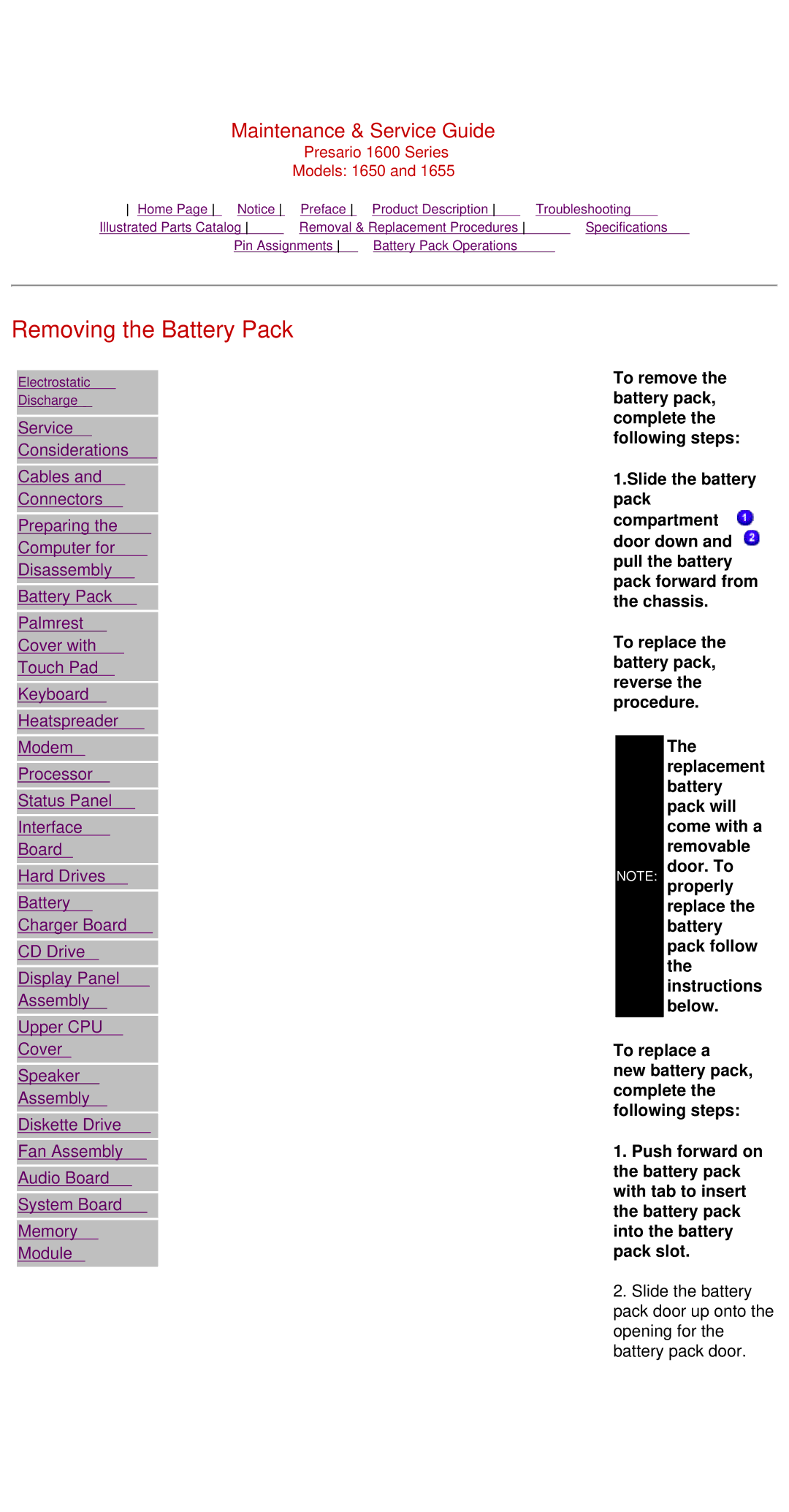 Compaq Presario 1600 Series, 1650, 1655 manual Removing the Battery Pack 