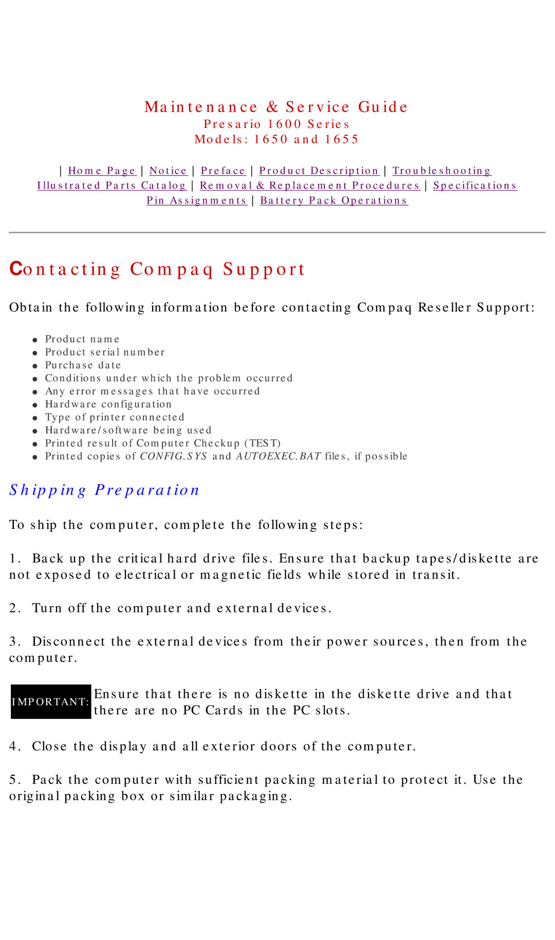 Compaq 1655, Presario 1600 Series, 1650 manual Contacting Compaq Support, Shipping Preparation 