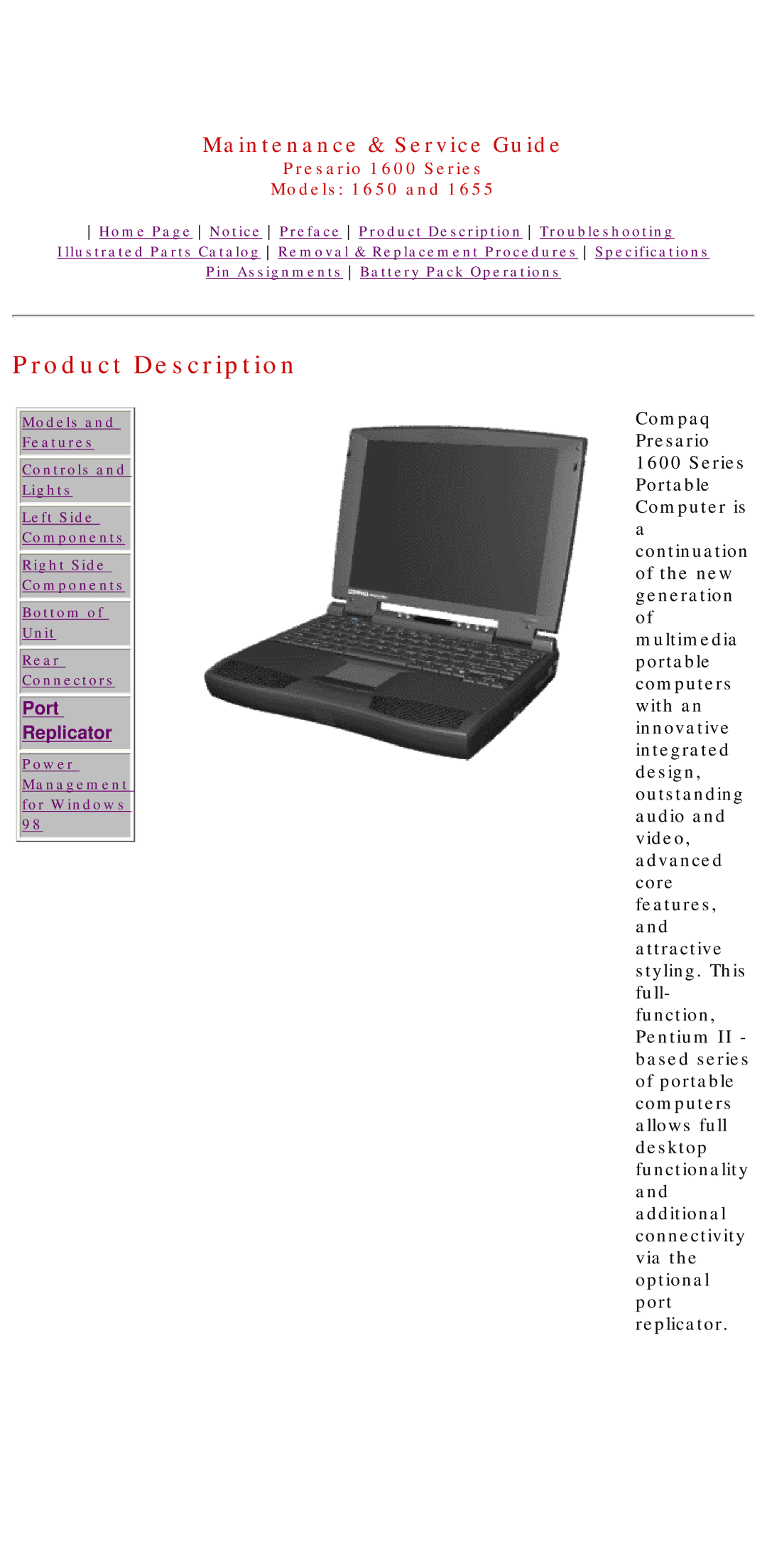 Compaq 1650, Presario 1600 Series, 1655 manual Product Description, Port Replicator 