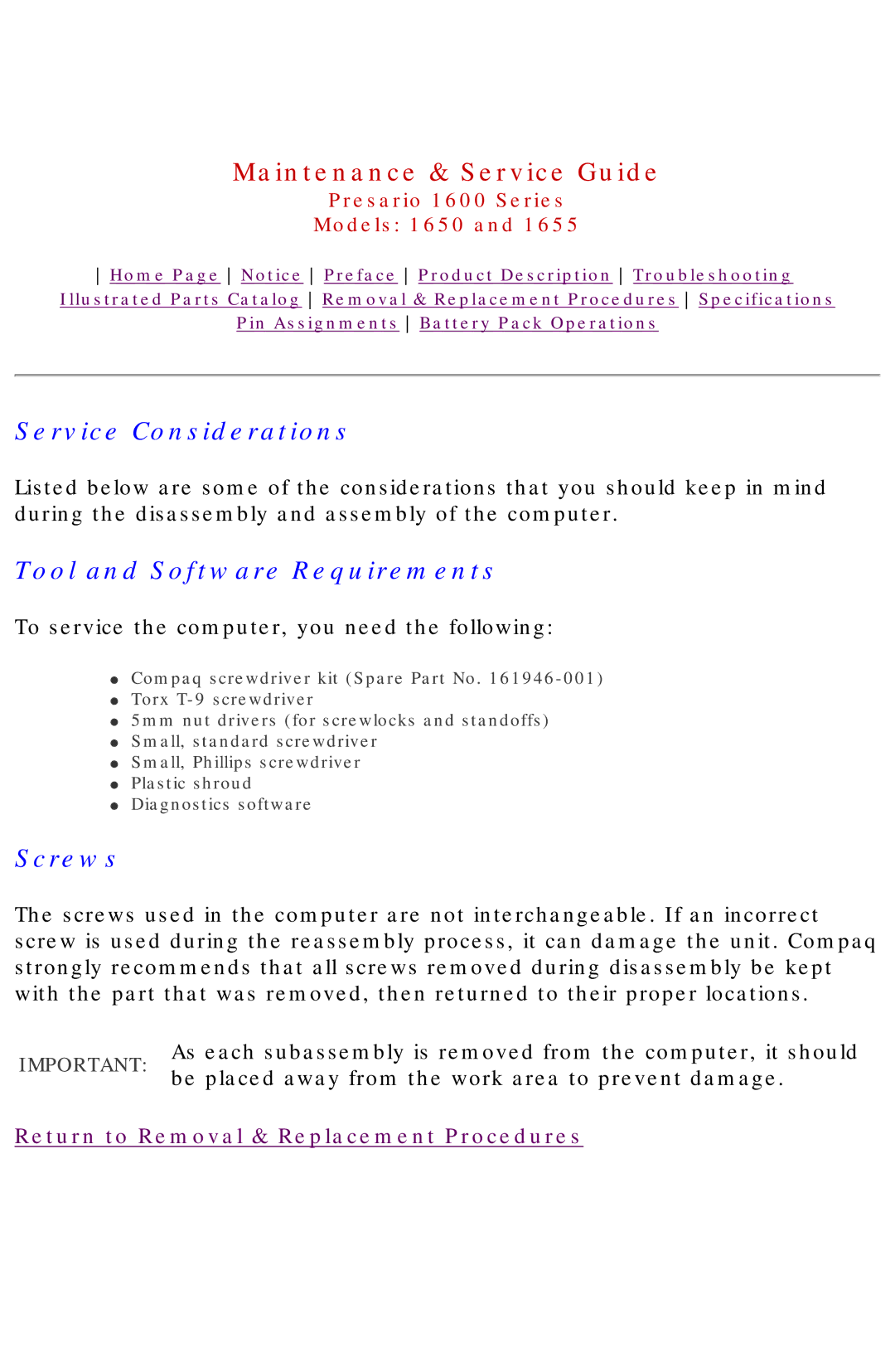 Compaq 1655, Presario 1600 Series, 1650 manual Service Considerations 