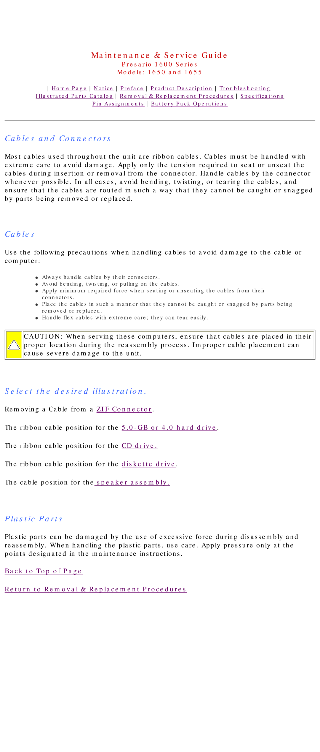 Compaq Presario 1600 Series, 1650, 1655 manual Cables and Connectors, Select the desired illustration, Plastic Parts 