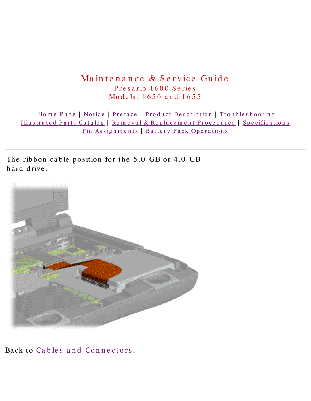 Compaq 1655, Presario 1600 Series, 1650 manual Ribbon cable position for the 5.0-GB or 4.0-GB hard drive 