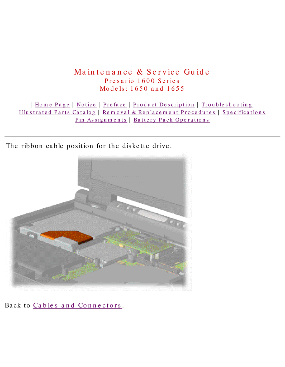 Compaq 1650, Presario 1600 Series, 1655 manual Ribbon cable position for the diskette drive 