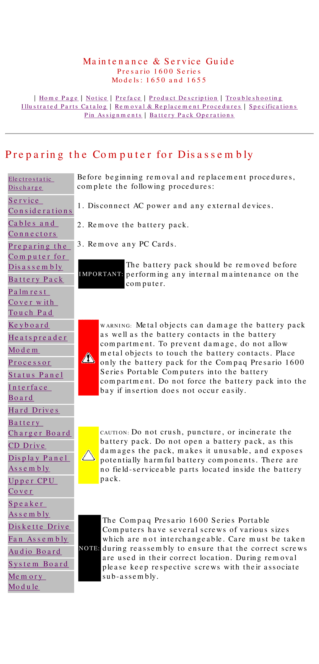 Compaq Presario 1600 Series, 1650, 1655 manual Preparing the Computer for Disassembly 