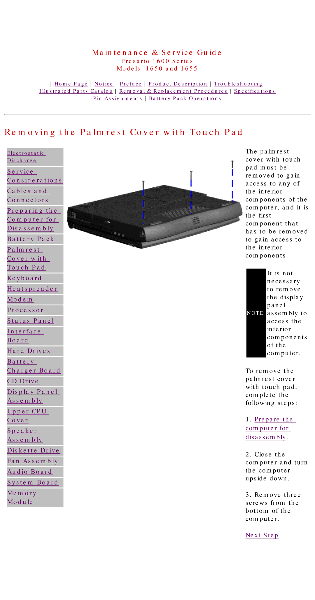 Compaq 1650, Presario 1600 Series, 1655 Removing the Palmrest Cover with Touch Pad, Prepare the computer for disassembly 