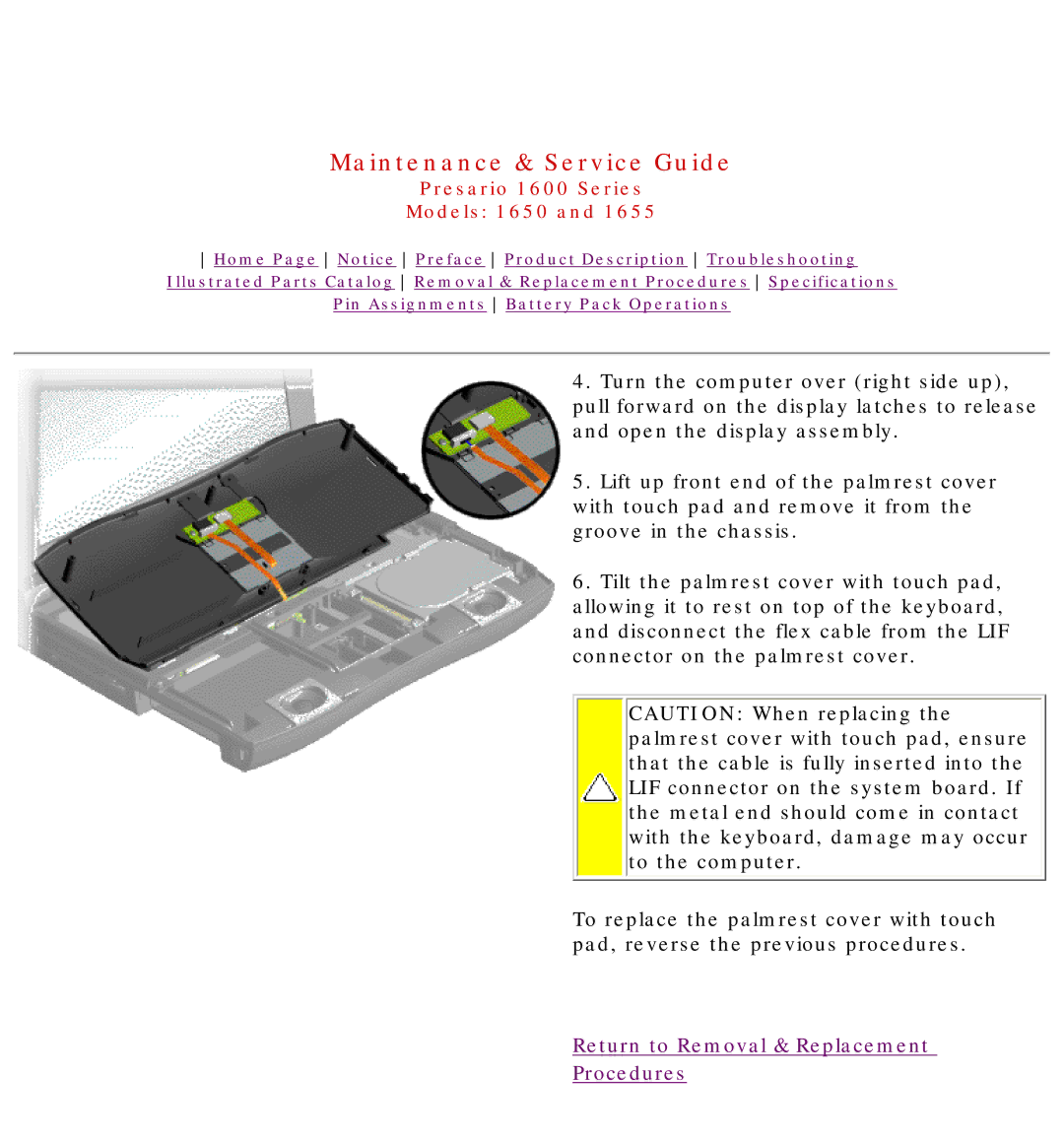 Compaq 1655, Presario 1600 Series, 1650 manual Return to Removal & Replacement Procedures 