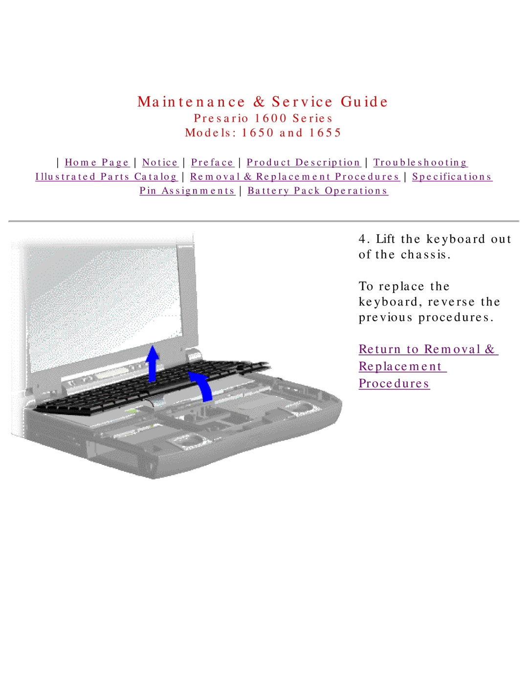 Compaq 1650, Presario 1600 Series, 1655 manual Return to Removal Replacement Procedures 