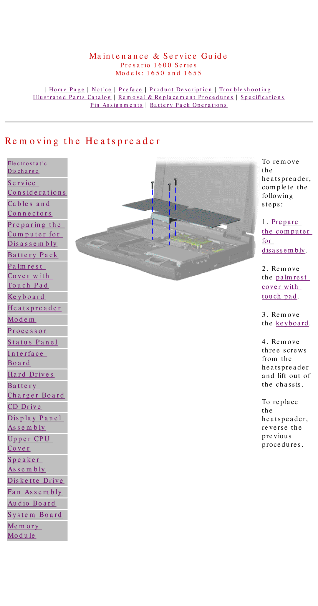 Compaq 1655, Presario 1600 Series, 1650 manual Removing the Heatspreader 